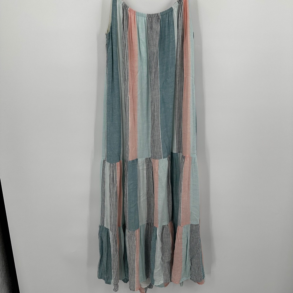 Rails Adora Highland Stripe Tiered Linen Blend Maxi Dress Medium Coral Teal Boho - Picture 8 of 11